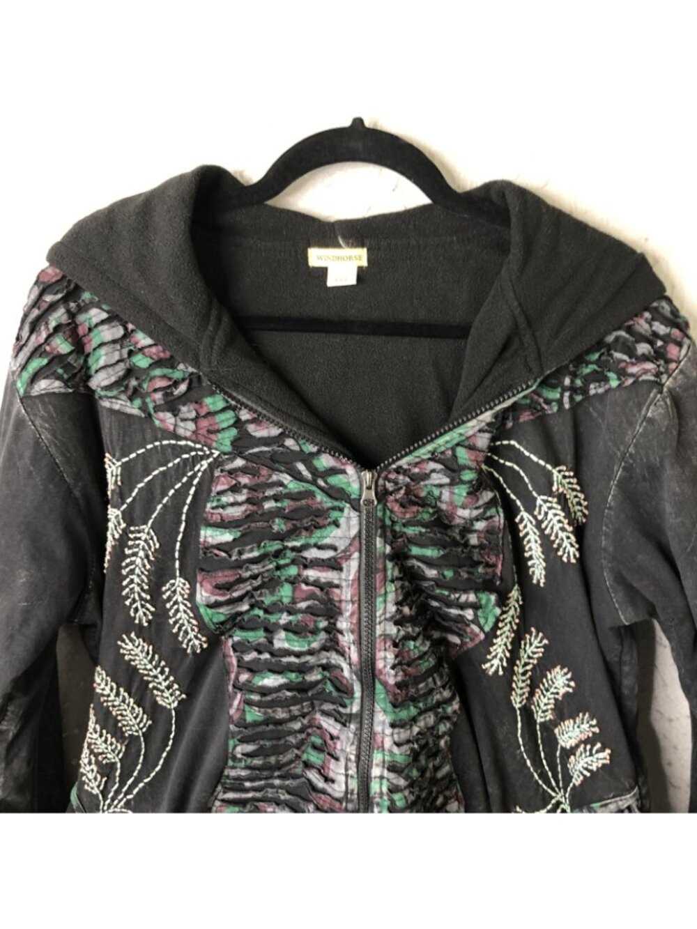Windhorse Jacket Womens XXL Black Hooded Embroidered Floral Boho Cotton Nepal - Picture 12 of 13